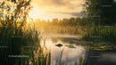 Tranquil River at Sunrise with Reeds and Misty Reflections