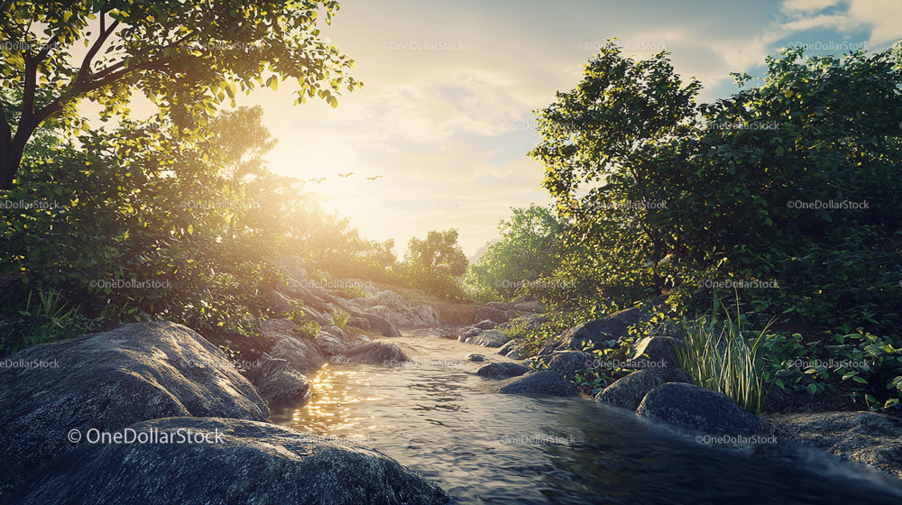 Serene Morning Stream in a Sunlit Forest Landscape