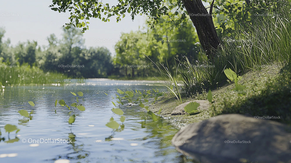 Peaceful Riverside with Lush Greenery on a Sunny Day