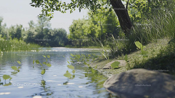 Peaceful Riverside with Lush Greenery on a Sunny Day