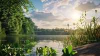 Serene Lakeside at Sunset with Lush Greenery