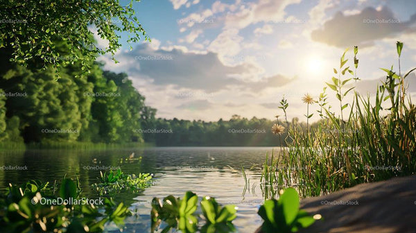 Serene Lakeside at Sunset with Lush Greenery