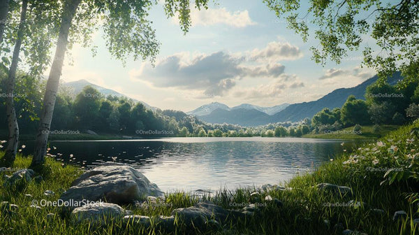 Serene Lake with Birch Trees and Mountain Views