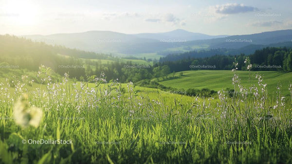 Idyllic Green Meadow with Blooming Wildflowers Under Blue Skies