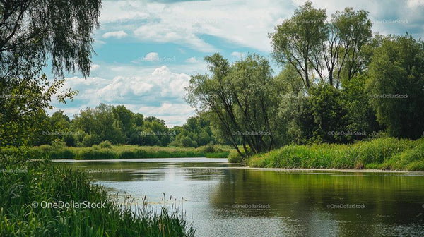 Tranquil River with Lush Greenery and Willow Trees