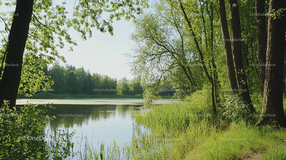 Spokojne jezioro otoczone bujną zielenią i żywym lasem