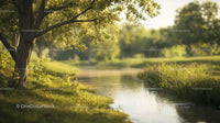 Serene Riverbank with Sunlit Lush Greenery and Trees
