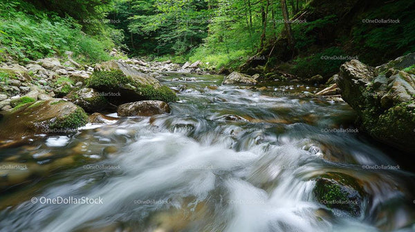Tranquil Stream Flowing Through a Lush Green Forest