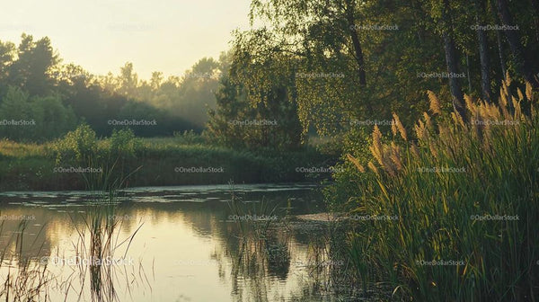 Tranquil Pond Surrounded by Lush Greenery at Golden Hour