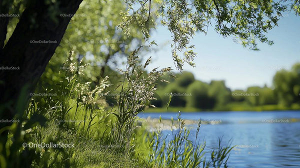 Serene Riverbank with Lush Greenery and Blue Sky