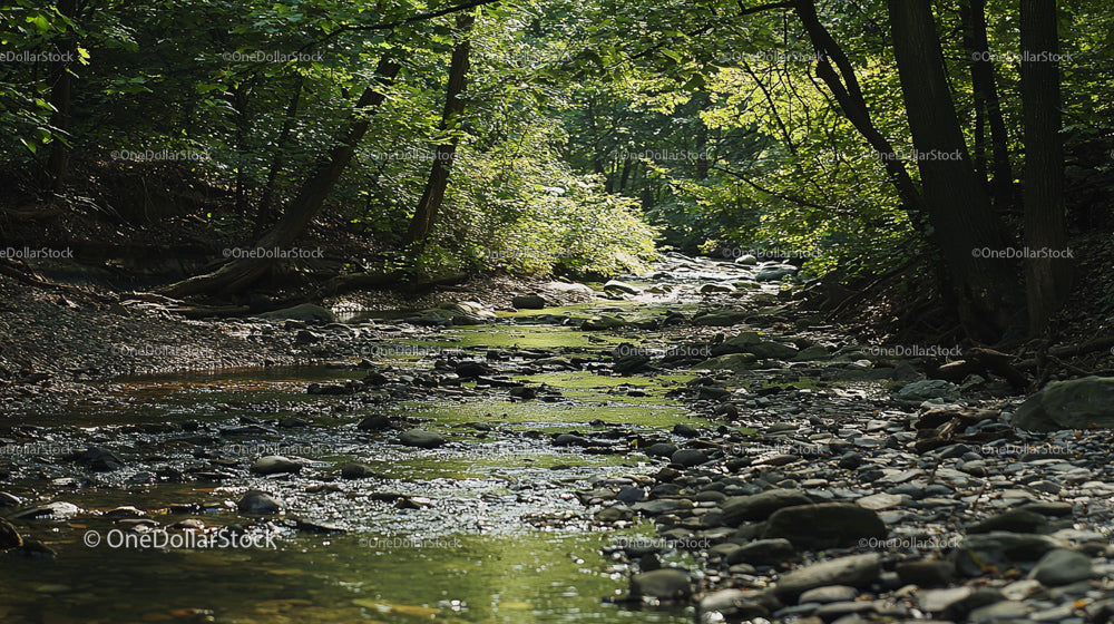 Sunlit Forest Stream with Stones and Lush Foliage