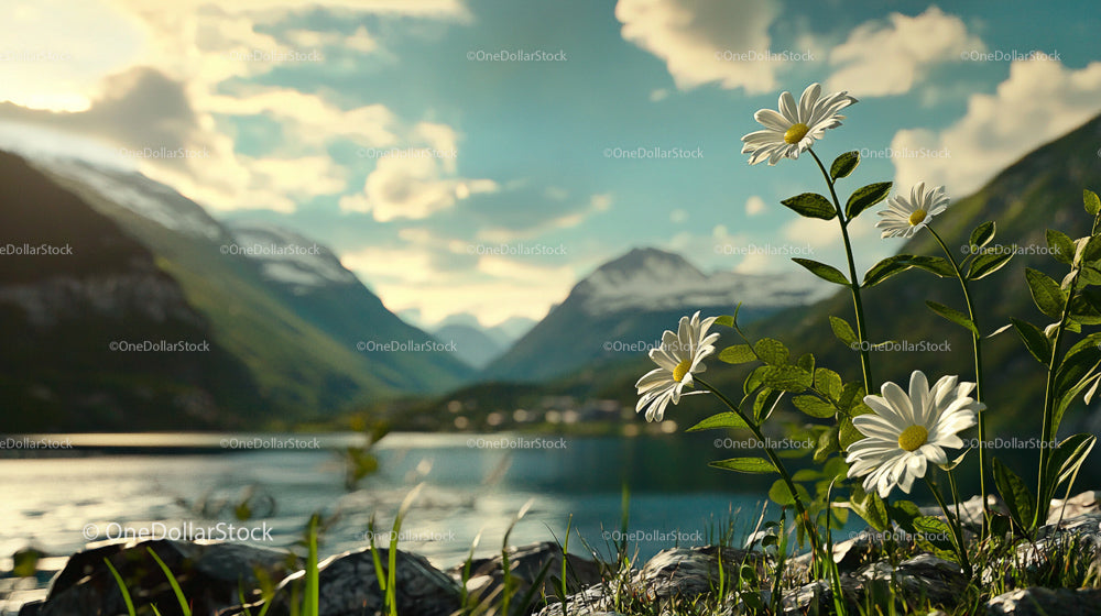 Daisies by the Lake with Majestic Mountain Views