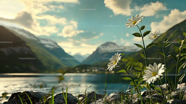 Daisies by the Lake with Majestic Mountain Views