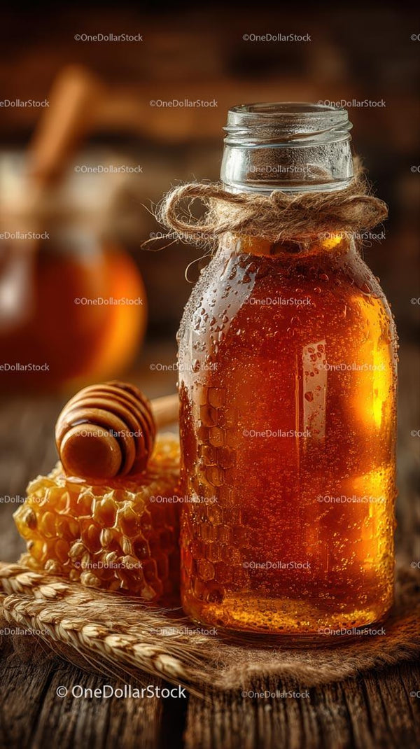 Rustic Honey Jar with Honeycomb on Wooden Table