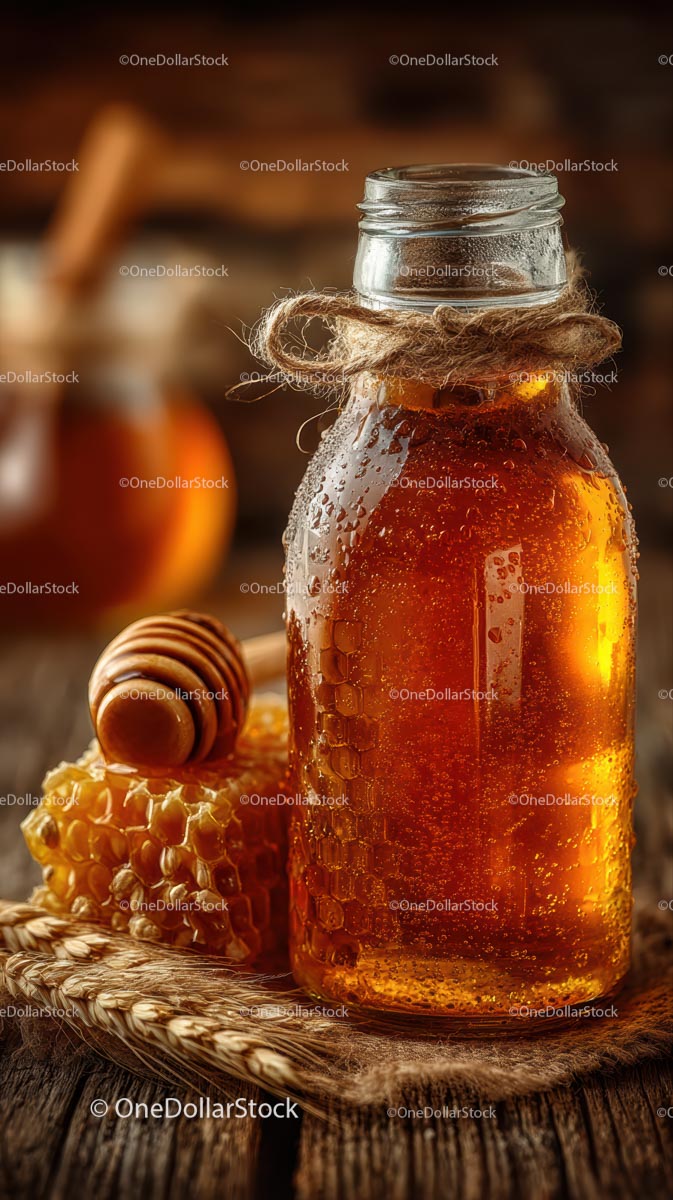 Rustic Honey Jar with Honeycomb on Wooden Table