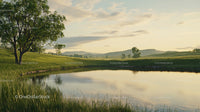 Serene Landscape with Reflective Pond and Lush Greenery