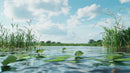 Tranquil Lake with Water Lilies and Blue Sky Reflection