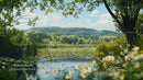 Serene Pond with Water Lilies Under Clear Blue Sky