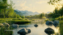 Serene River at Sunrise with Lush Green Landscape
