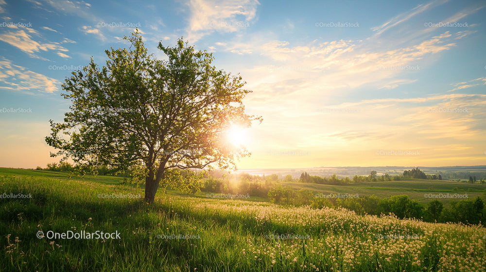 Serene Sunset Over Meadow with Lone Tree and Rolling Hills