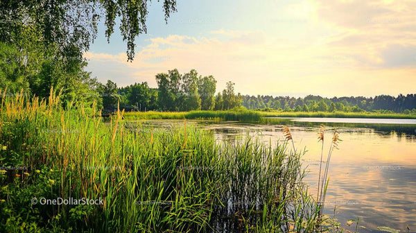 Idyllic Summer Lake with Lush Reed and Sunset Sky