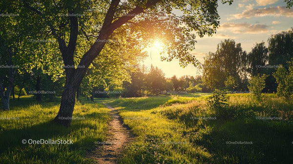 Scenic Sunset Pathway Through Lush Green Forest Meadow