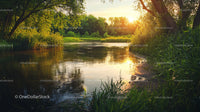 Tranquil River with Lush Greenery at Sunset