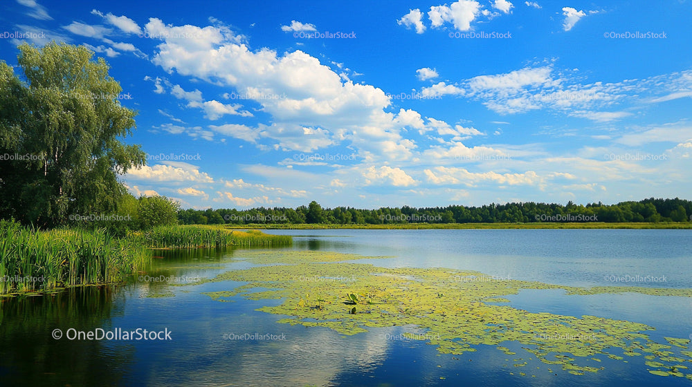 Peaceful Lake with Blue Sky and White Clouds