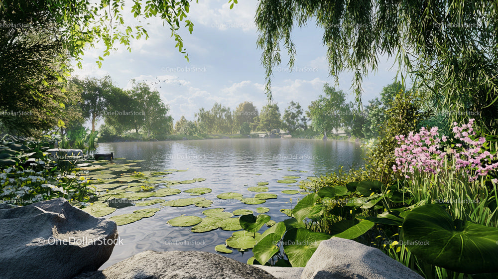 Lush Green Pond Surrounded by Weeping Willows and Lilies