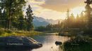 Sunset Over Tranquil River in Mountainous Forest Landscape