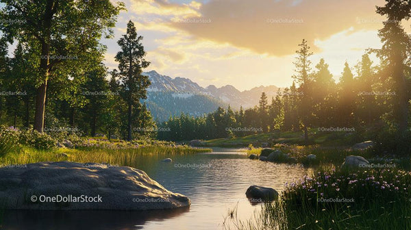 Sunset Over Tranquil River in Mountainous Forest Landscape