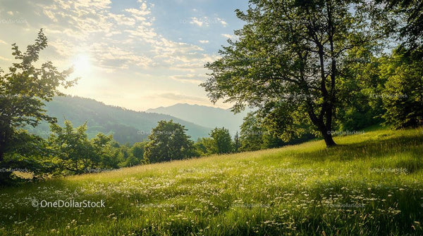 Tranquil Meadow with Sunlight and Blooming Trees