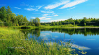 Serene Lake with Reflections and Lush Greenery on a Sunny Day