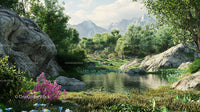 Tranquil Pond Among Rocky Mountains and Blooming Flora