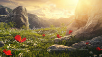 Scenic Mountain Meadow with Red Poppies at Sunrise