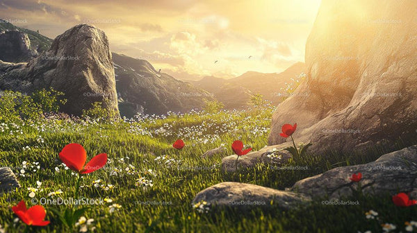 Scenic Mountain Meadow with Red Poppies at Sunrise