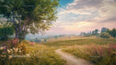 Serene Country Road Through Verdant Fields at Sunset