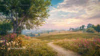 Serene Country Road Through Verdant Fields at Sunset