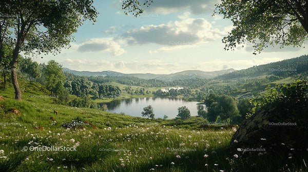 Breathtaking View of Lush Valley and Tranquil Lake