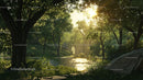 Sunlit Forest with Tranquil River and Lush Greenery