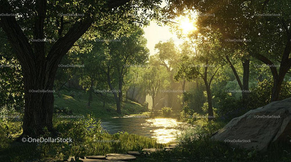 Sunlit Forest with Tranquil River and Lush Greenery