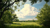 Tranquil Summer Landscape with Lush Greenery and Fluffy Clouds