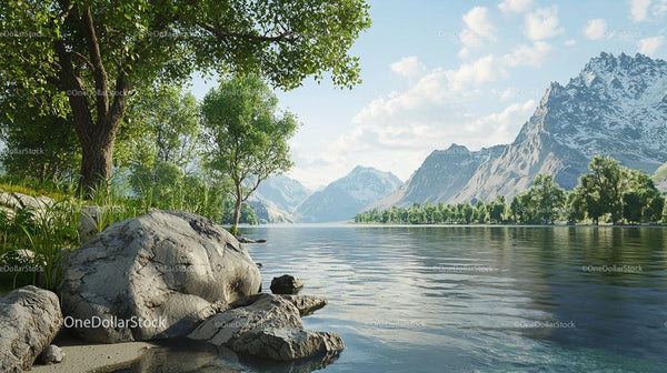 Idyllic Mountain Lake with Lush Greenery and Majestic Peaks