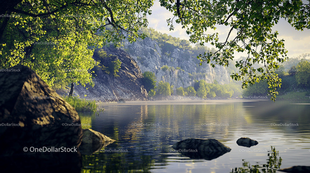 Serene Lake with Rocky Cliffs and Sunlit Greenery