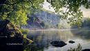 Serene Lake with Rocky Cliffs and Sunlit Greenery