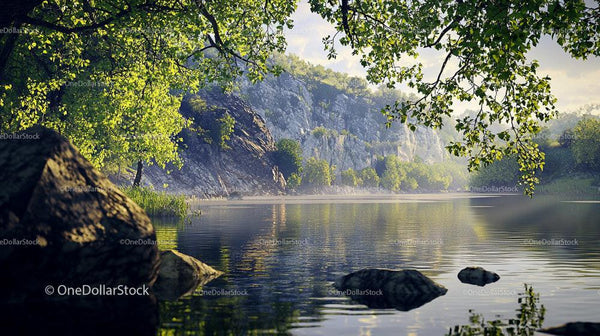 Serene Lake with Rocky Cliffs and Sunlit Greenery