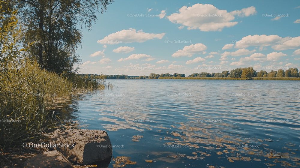 Piękny letni dzień nad spokojnym jeziorem z odbiciem
