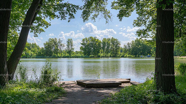 Tranquil Lake Scene with Lush Green Trees and Blue Sky