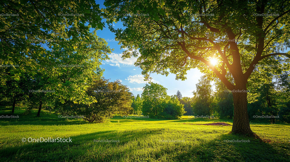 Sunlit Trees and Vibrant Green Meadow in a Serene Park