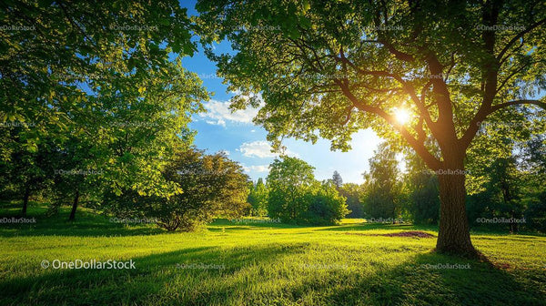Sunlit Trees and Vibrant Green Meadow in a Serene Park